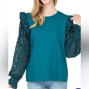 JOY JOY Women's Lace Sleeve Top-Teal Festive Size M